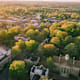 A bird's eye view of the University of North Carolina Chapel Hill campus at sunrise.